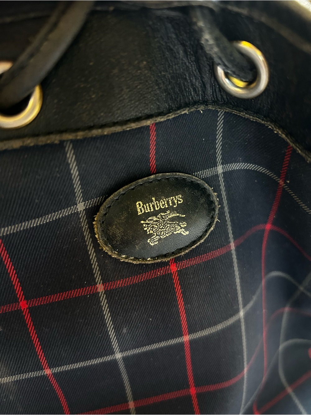 Burberry Black Leather-Trim Navy and Red Check Drawstring Backpack